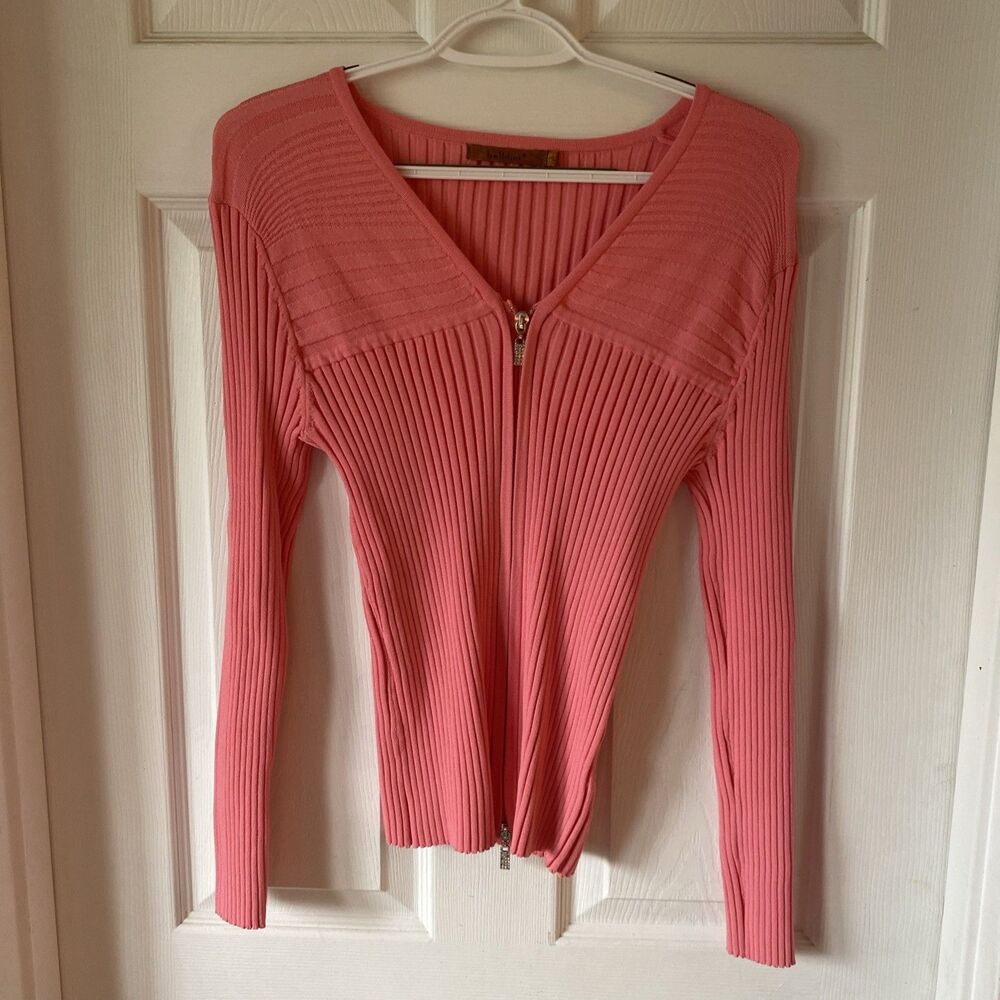 Belldini Ribbed Top Women’s Size Large Pink Stretch Long Sleeve Full Zip V Neck
